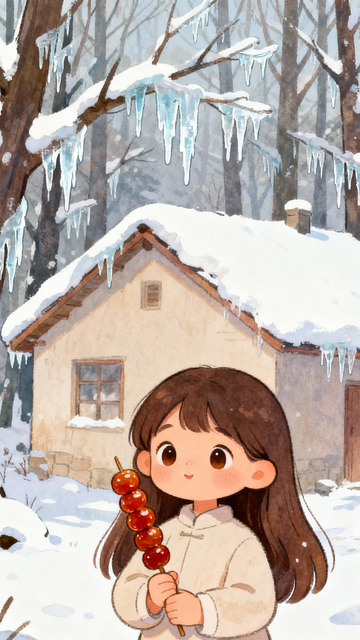 暖冬手绘小女孩吃糖葫芦
