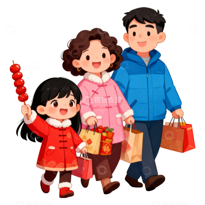 高清大图下载【趣麦麦图】手绘年货购物节一家人买东西免抠元素