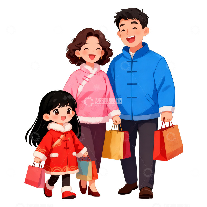 高清大图下载【趣麦麦图】卡通手绘年货购物节一家人买东西免抠元素