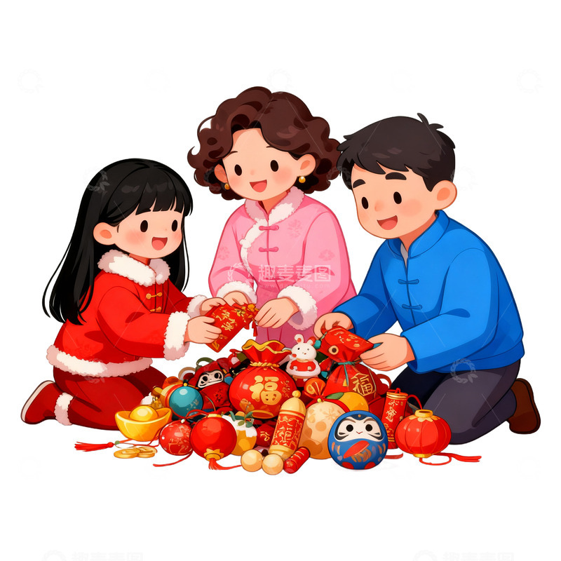 高清大图下载【趣麦麦图】手绘一家人买新年物品免抠元素
