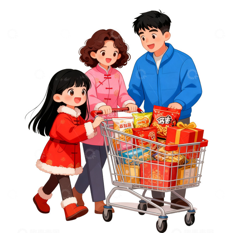 高清大图下载【趣麦麦图】卡通手绘推购物车的一家人免抠元素