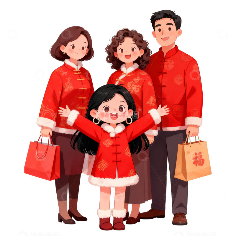 高清大图下载【趣麦麦图】卡通手绘一家人春节购物免抠元素