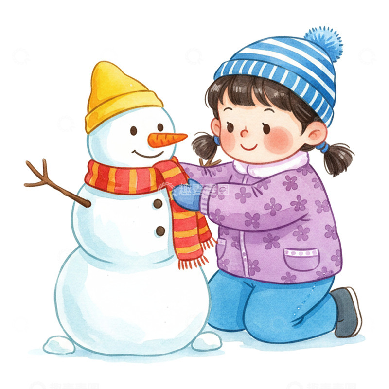 高清大图下载【趣麦麦图】水彩插画风格小女孩堆雪人免抠元素