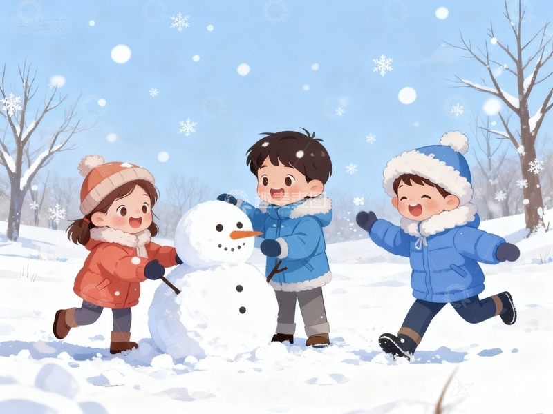 高清大图下载【趣麦麦图】手绘冬季堆雪人游玩场景免抠元素