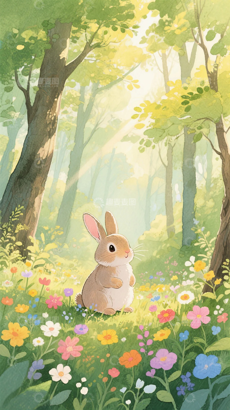 高清大图下载【趣麦麦图】森林花丛小兔插画