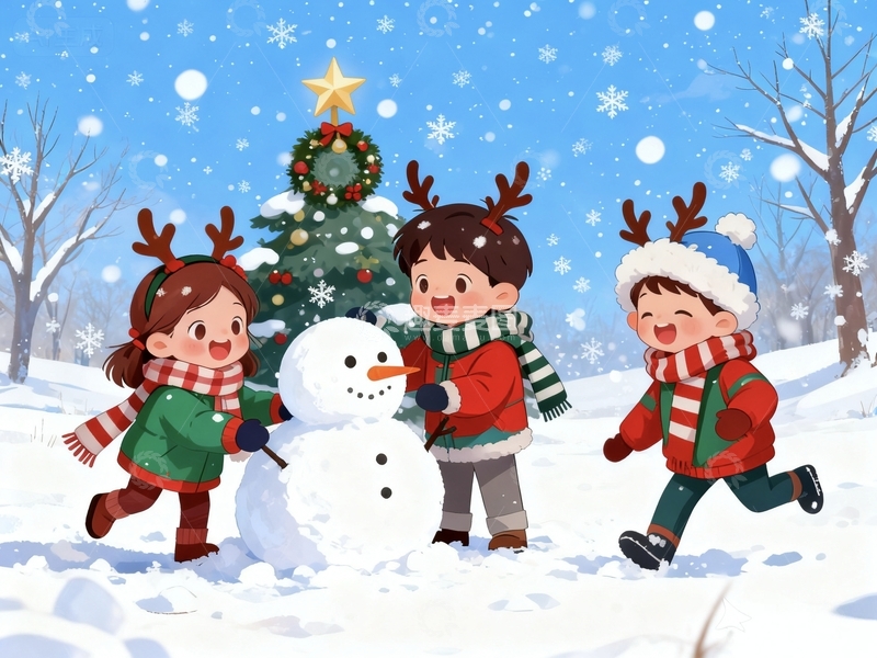 高清大图下载【趣麦麦图】手绘圣诞节冬季游玩场景免抠元素