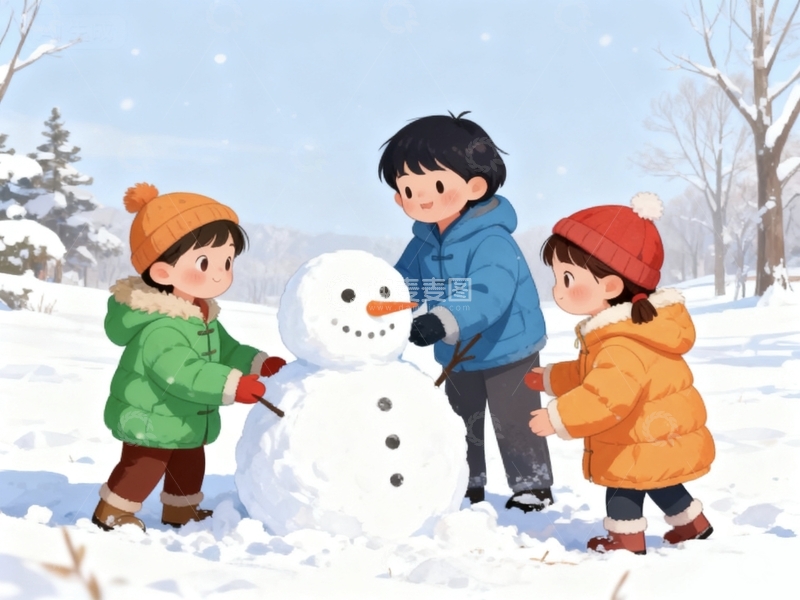 高清大图下载【趣麦麦图】卡通手绘冬季堆雪人游玩场景免抠元素
