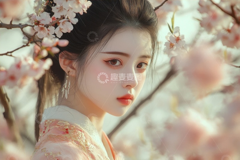 高清大图下载【趣麦麦图】桃花林中的一位美少女