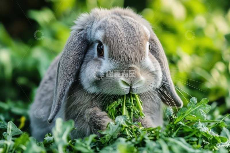高清大图下载【趣麦麦图】吃绿草的灰色兔子