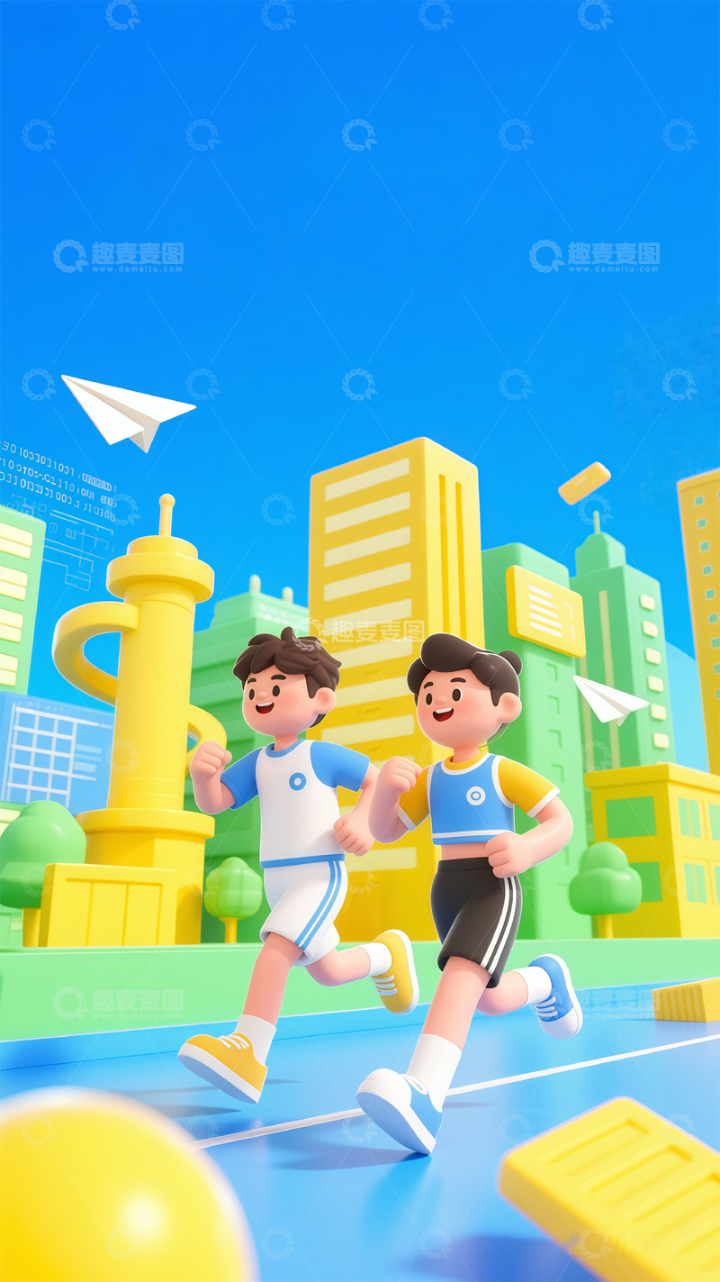 高清大图下载【趣麦麦图】卡通跑步城市背景插画