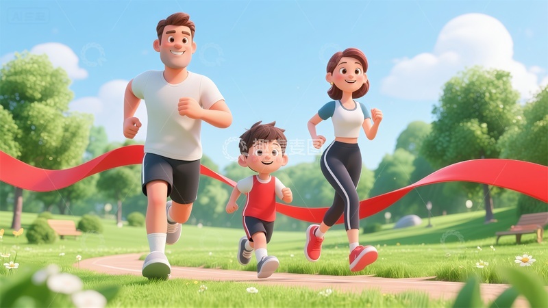 高清大图下载【趣麦麦图】卡通家庭跑步比赛