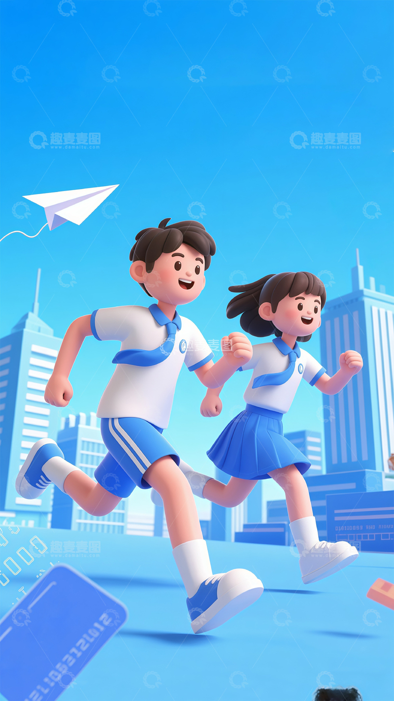 高清大图下载【趣麦麦图】-校园青春奔跑卡通插画
