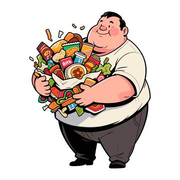 卡通风格肥胖男性与高热量食物插画