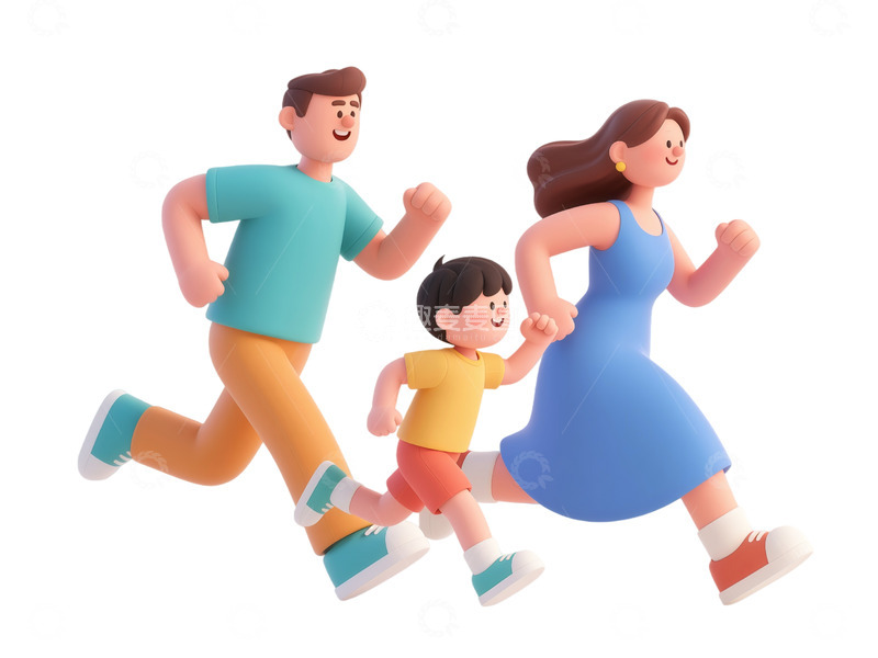 高清大图下载【趣麦麦图】卡通全家运动跑步插画