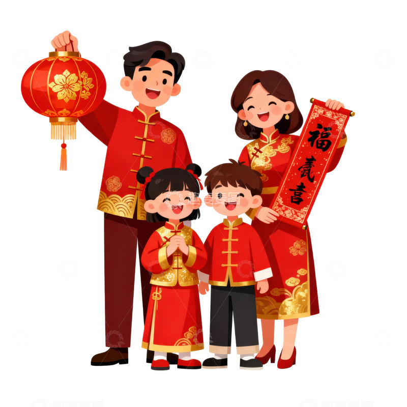 高清大图下载【趣麦麦图】卡通简约过年的一家三口