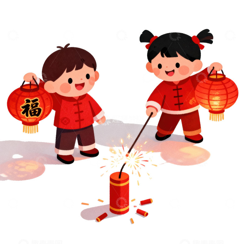 高清大图下载【趣麦麦图】-卡通简约放鞭炮的小孩子们