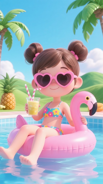 夏日泳池卡通小女孩插画