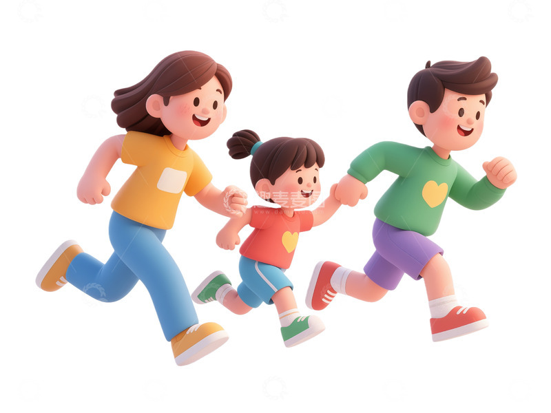 高清大图下载【趣麦麦图】卡通家庭跑步运动插画