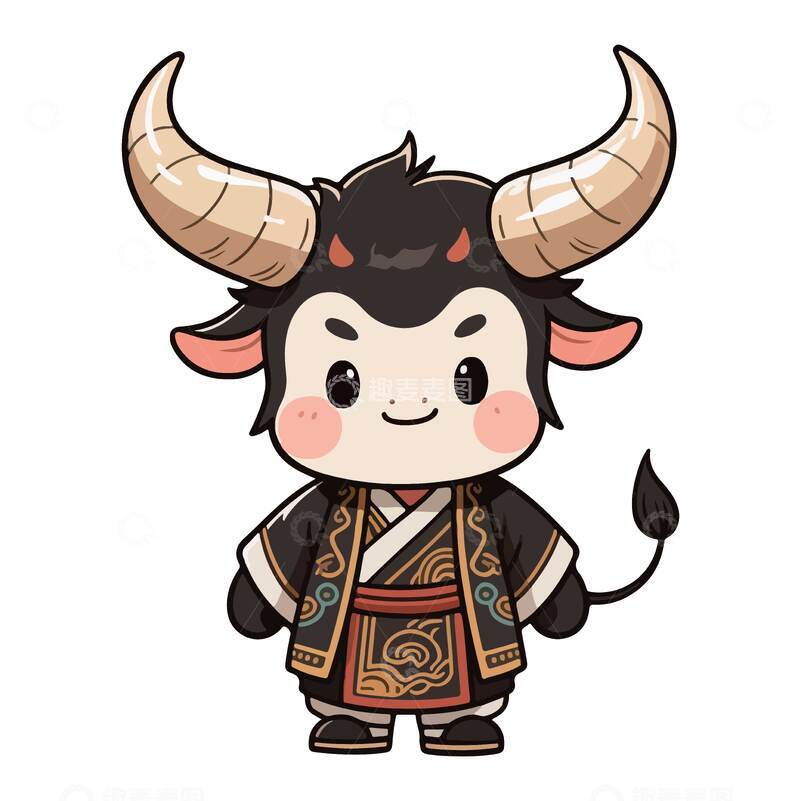 源文件下载【趣麦麦图】-古风卡通牛形象插画