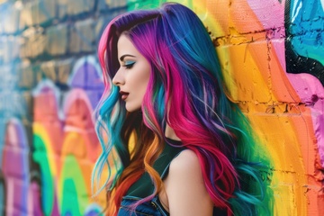 染着一头彩色头发的美女