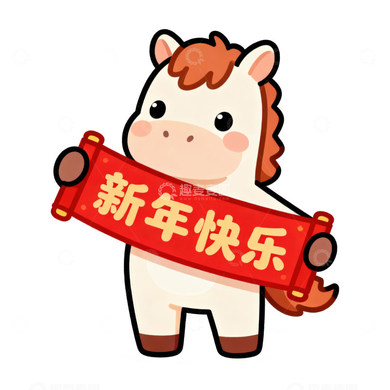 高清大图下载【趣麦麦图】-拿着春联的马年吉祥物