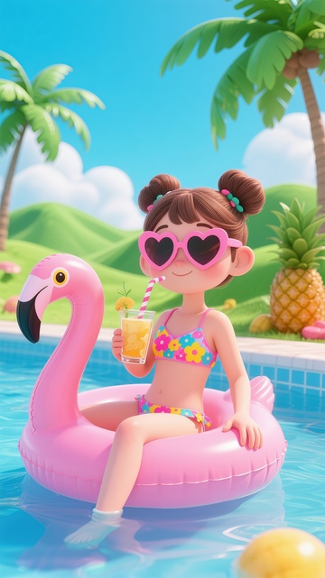 夏日泳池童趣插画