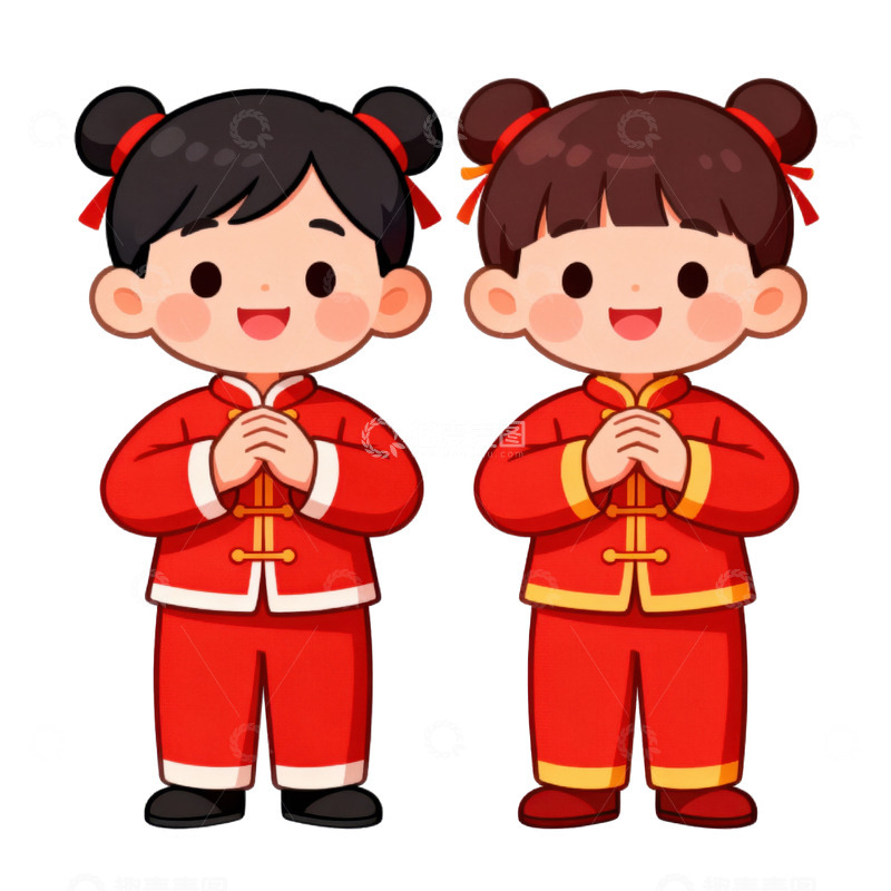 高清大图下载【趣麦麦图】拜年的两个小孩