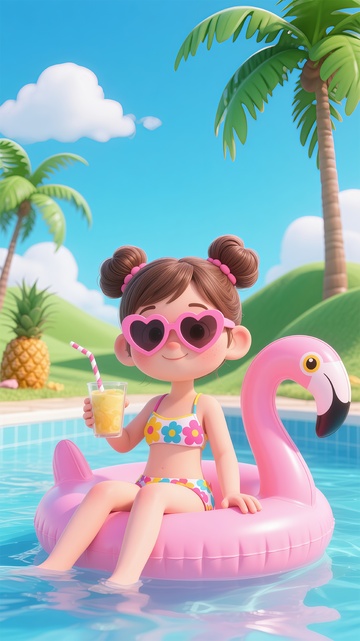 卡通夏日泳池游玩场景