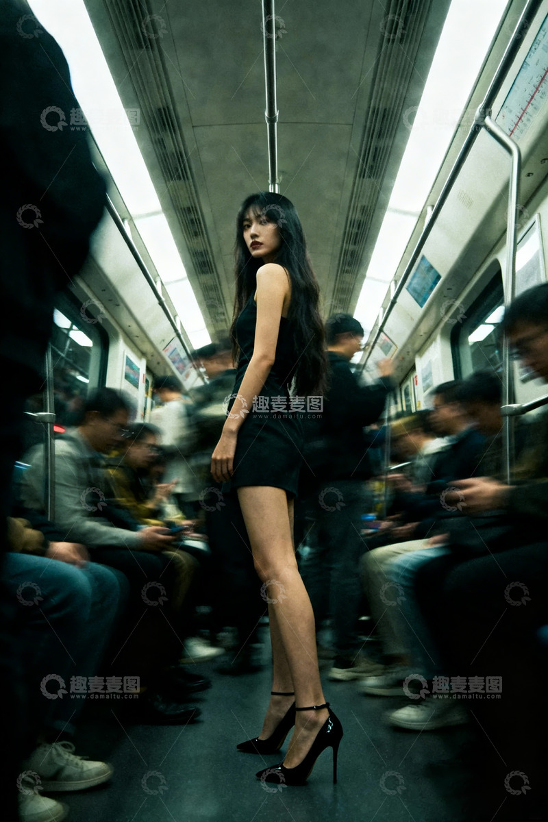 高清大图下载【趣麦麦图】拥挤的地铁上时尚穿搭的美女2
