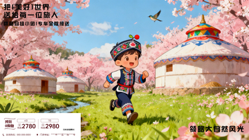 卡通风草原风光旅游宣传图