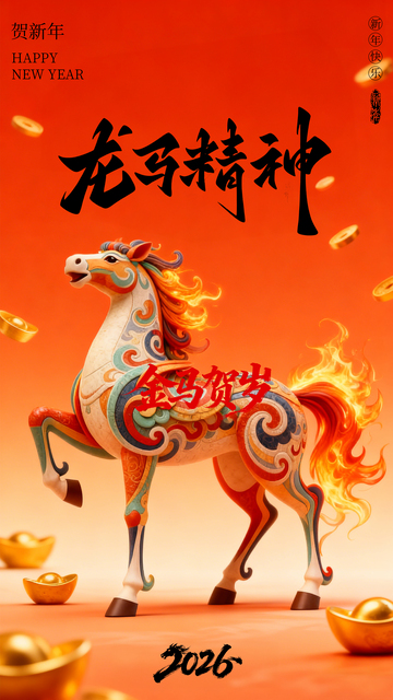 马年春节3D简约海报