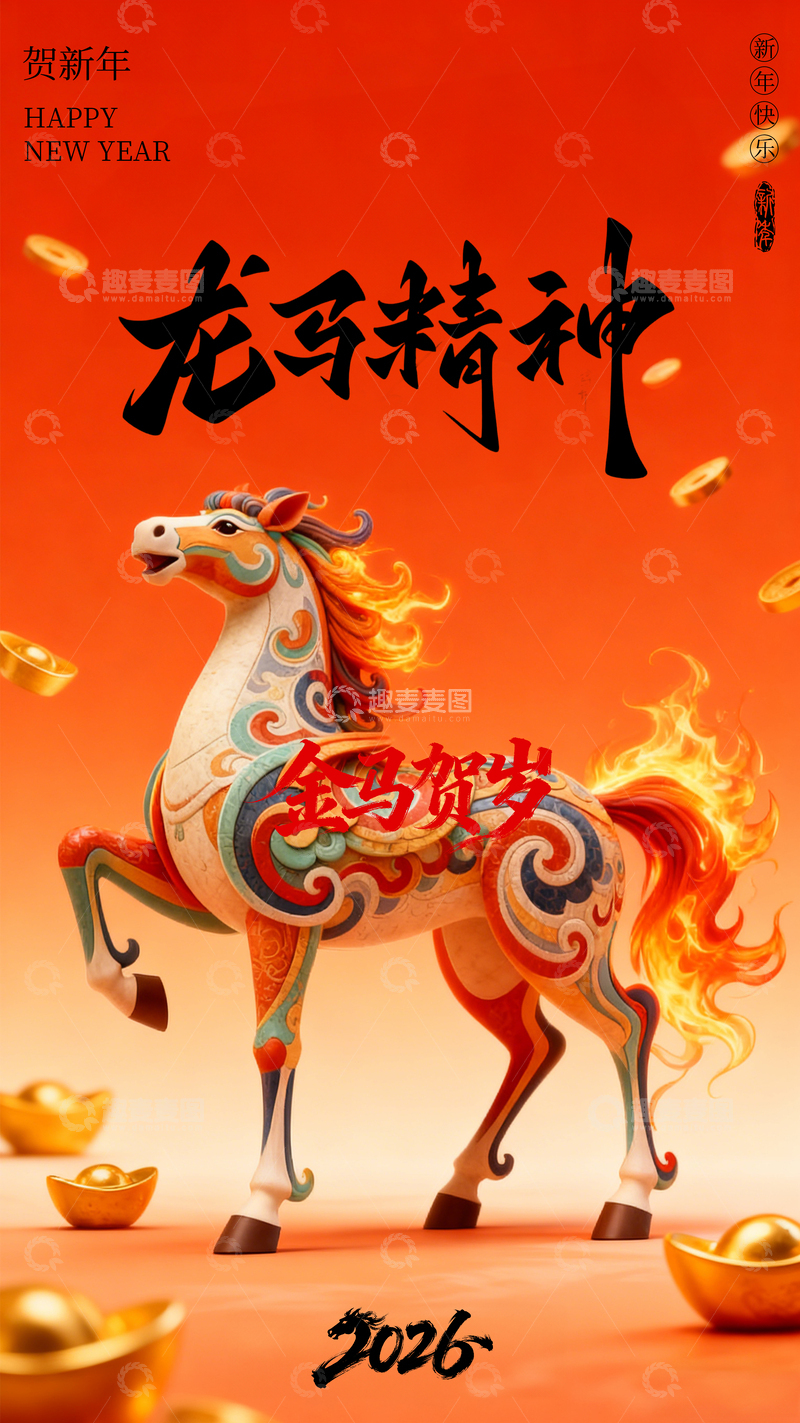 源文件下载【趣麦麦图】马年春节3D简约海报