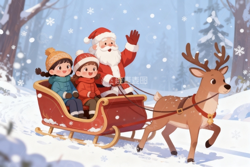 高清大图下载【趣麦麦图】手绘森林圣诞节儿童插画风格插画