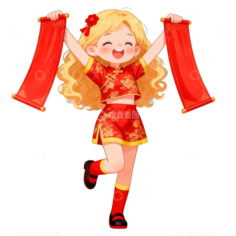 高清大图下载【趣麦麦图】卡通手绘女孩拿着两个对联免抠元素