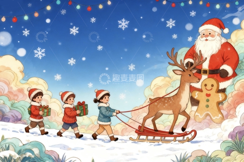 高清大图下载【趣麦麦图】梦幻中国风圣诞节插画