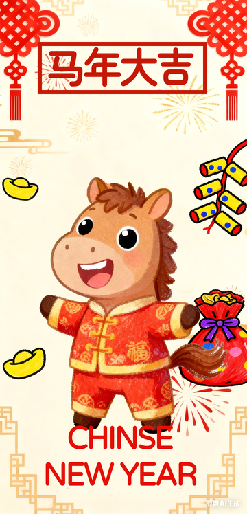 浅色中国结卡通儿童手绘可爱马年海报