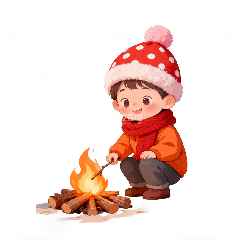 高清大图下载【趣麦麦图】冬季男孩烧篝火免抠元素
