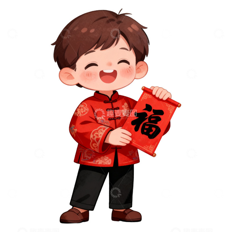 高清大图下载【趣麦麦图】卡通手绘小朋友拿着新年福字免抠元素