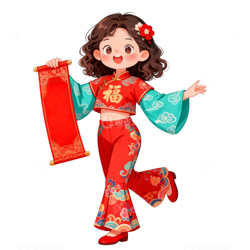 高清大图下载【趣麦麦图】手绘儿童插画风格拿着对联免抠元素