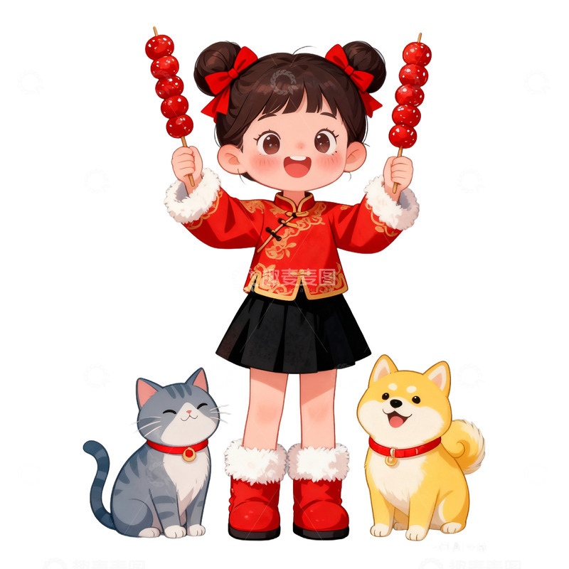 高清大图下载【趣麦麦图】春节女孩拿着冰糖葫芦免抠元素
