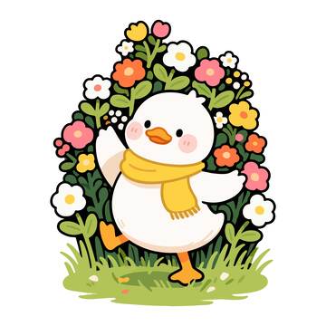 卡通小黄鸭花丛插图