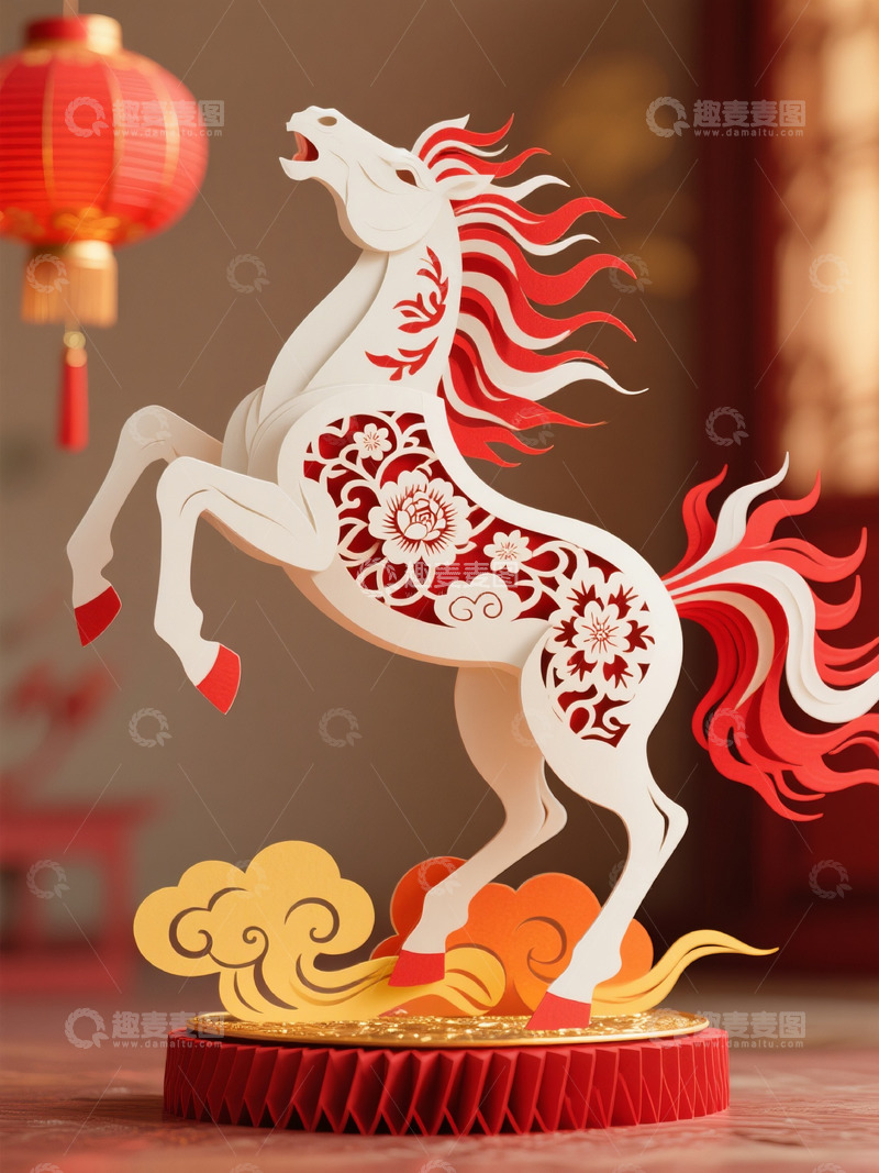 高清大图下载【趣麦麦图】-剪纸艺术马年装饰摆件