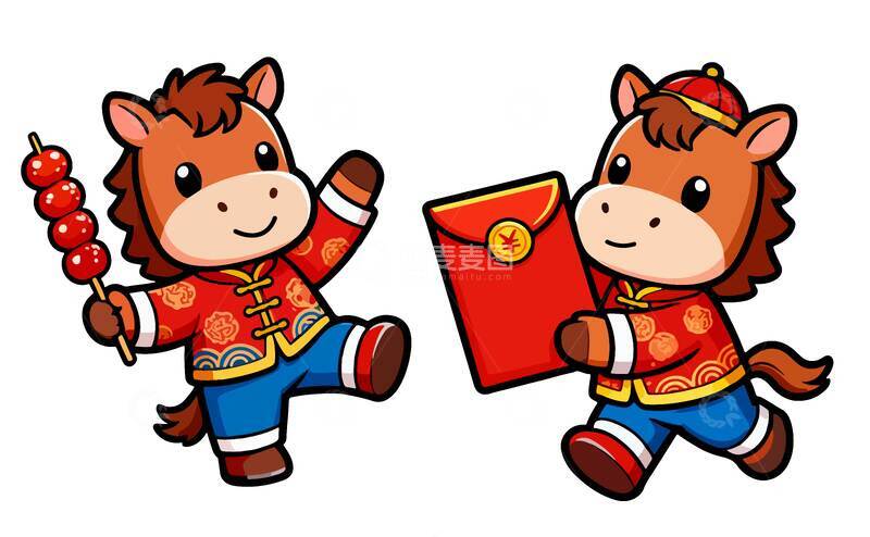 源文件下载【趣麦麦图】-卡通马年新年喜庆插画