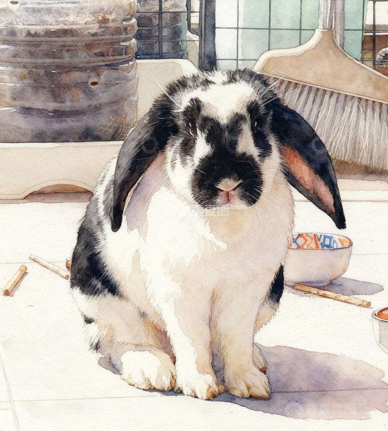 高清大图下载【趣麦麦图】水彩风家庭宠物兔子插画