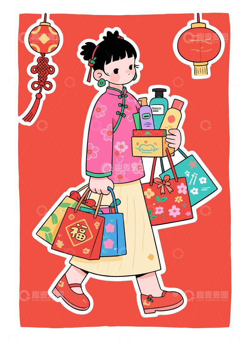 源文件下载【趣麦麦图】-春节购物喜庆插画