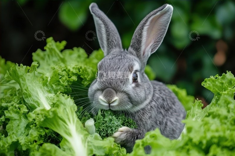 高清大图下载【趣麦麦图】吃蔬菜叶的灰色兔子