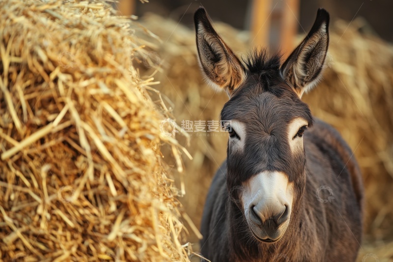 高清大图下载【趣麦麦图】草堆旁边的一头毛驴