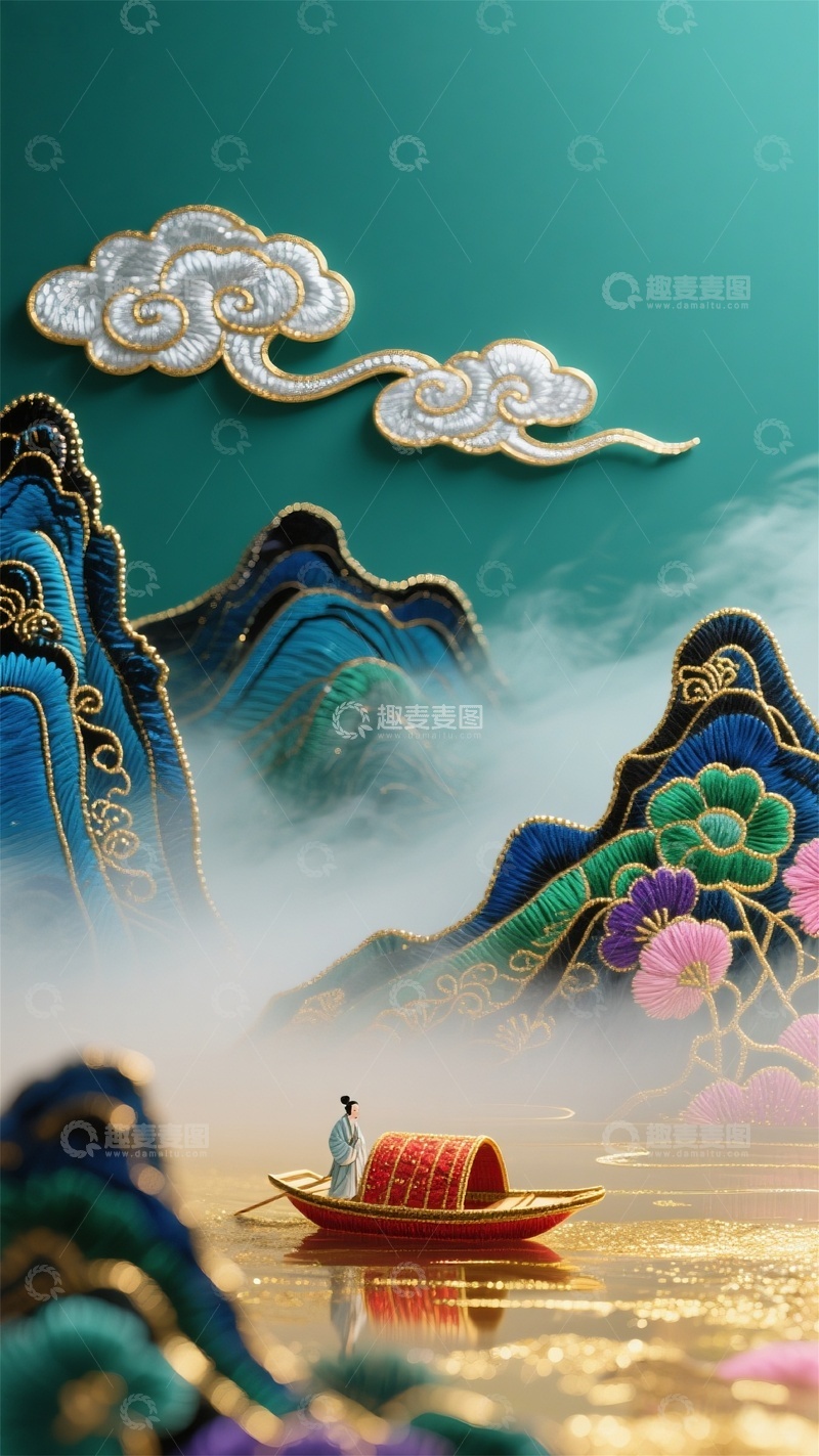 高清大图下载【趣麦麦图】-刺绣山水古风意境图