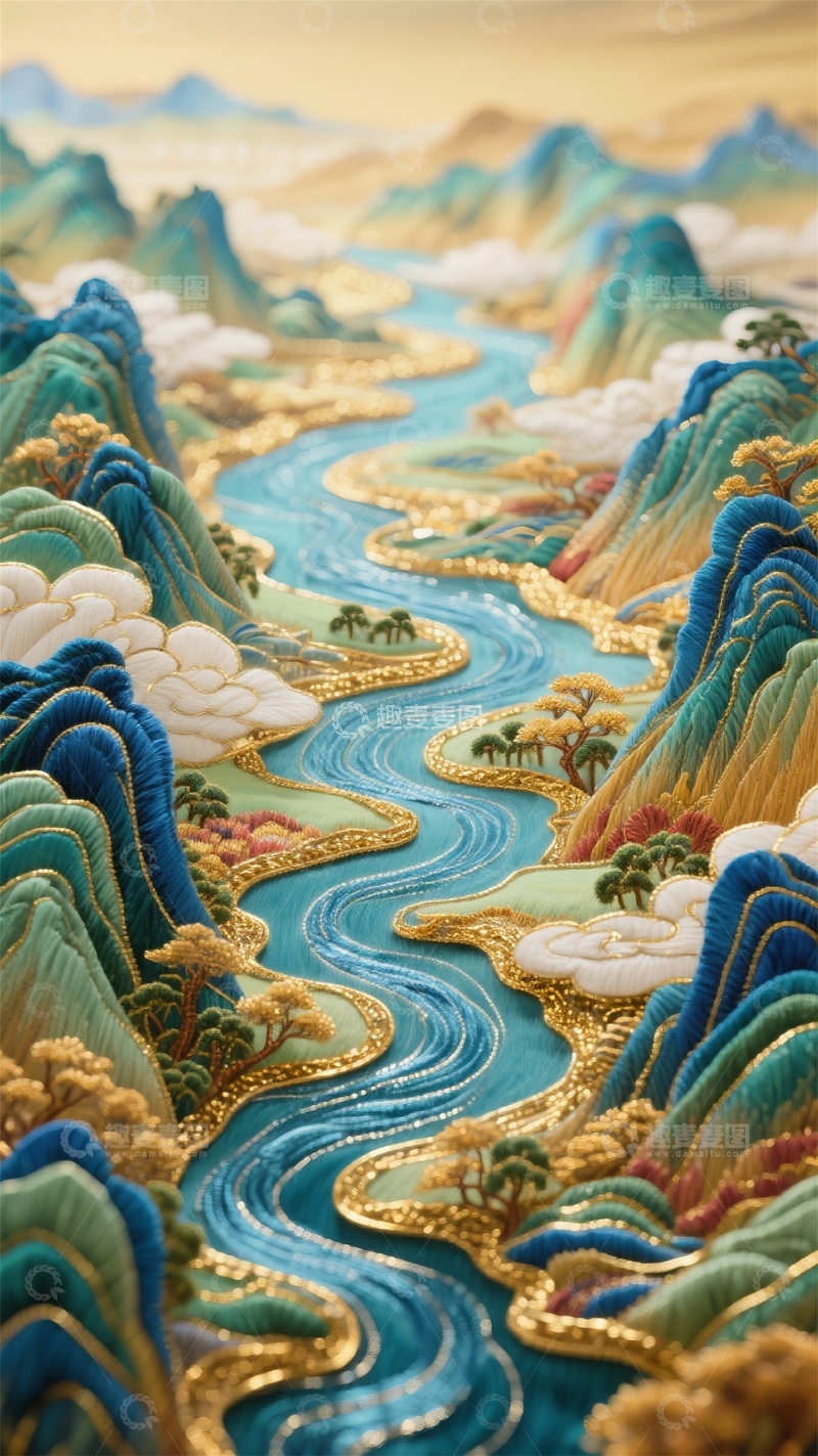 高清大图下载【趣麦麦图】锦绣山河刺绣画卷