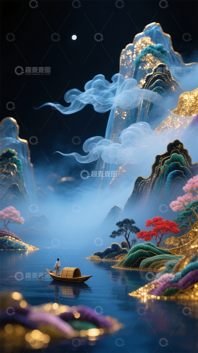 高清大图下载【趣麦麦图】梦幻山水夜景插画